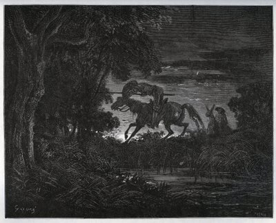 Don Quijote och Sancho Panza i början av äventyret i en tjock och okänd skog - från "Don Quixote de la Mancha" av Miguel Cervantes (1547-1616) (Don Quijote) - Träsnitt efter teckning av Gustave Dore av Gustave Dore