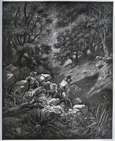 Don Quixote och Sancho Panza fortsätter sin resa i Sierra Morena på jakt efter Deguenille-de-la-Malaise-gruvan - från "Don Quixote de la Mancha" av Miguel Cervantes (1547-1616) (Don Quijote) - Träsnitt efter teckning av Gustave Dore av Gustave Dore