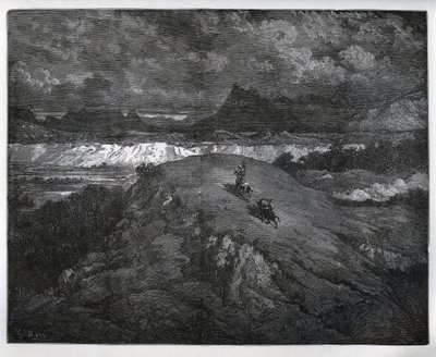 Don Quijote och Sancho Panza fortsätter sina äventyr i en bergig region, Sierra Morena - från "Don Quixote de la Mancha" av Miguel Cervantes (1547-1616) (Don Quijote) - Träsnitt efter teckning av Gustave Dore av Gustave Dore