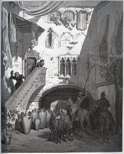 Don Quijote och Sancho Panza, inbjudna av Don Diego de Miranda hemma, välkomnas av gentlemannens hustru och son - från "Don Quixote de la Mancha" av Miguel Cervantes (1547-1616) (Don Quijote) - Träsnitt efter teckning av Gustave Dore av Gustave Dore