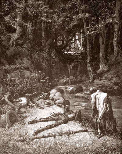 Don Quijote och Sancho Panza fräscha upp dem vid en bäck Gravyr av Gustave Dore (1832-1883) för "L