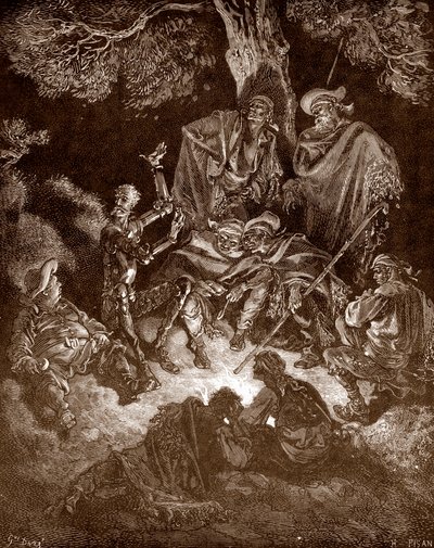 Don Quijote och Sancho Panza med gethjordarna Gravyr av Gustave Dore (1832-1883) för "L