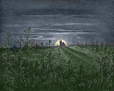 Don Quijote och Sancho, på väg till Toboso - från "" Don Quixote de la Mancha"" av Miguel Cervantes (1547-1616) (Don Quijote) - Träsnitt efter teckning av Gustave Dore (1832-1883) av Gustave Dore