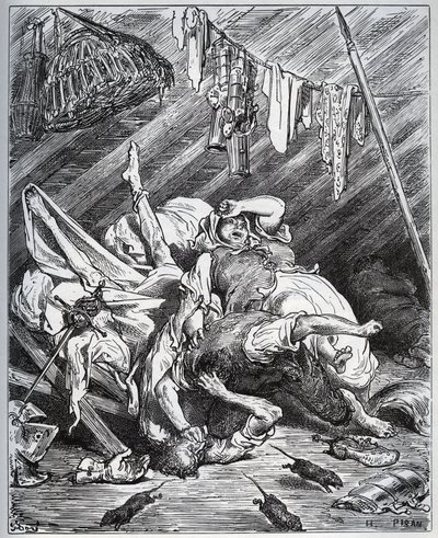 Don Quijote och en mulemakare som slåss för Maritornes, hushållerskan, som Don Quijote tar för sin Dulcinee - från "Don Quixote de la Mancha" av Miguel Cervantes (1547-1616) (Don Quijote) - Träsnitt efter teckning av Gustave Dore av Gustave Dore