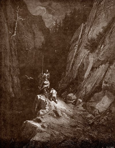 Don Quijote och Sancho Panza i hjärtat av Sierra Morena Gravyr av Gustave Dore (1832-1883) för "Den geniala ädla Don Quijote från La Manche (Quixot - Quijote)" av Miguel de Cervantes (1547-1616) 1863 Privat samling av Gustave Dore