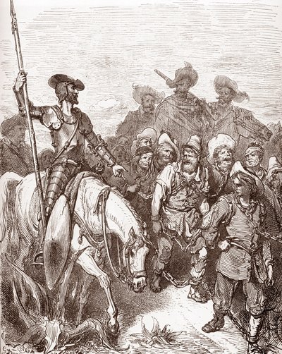 Don Quijote och sancho Panza förhör brottslingarna som leds till galärerna Gravyr av Gustave Dore (1832-1883) för "L