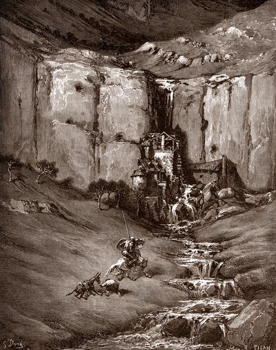 Don Quijote och sancho Panza ser ett vattenfall och bullriga hovels (Don Quixote och sancho Panza ser ett vattenfall och bullriga hovels) Gravyr av Gustave Dore (1832-1883) för "The Ingenieux Hidalgo Don Quixote de la Mancha (Quixotte - Quijote)" av Miguel av Gustave Dore