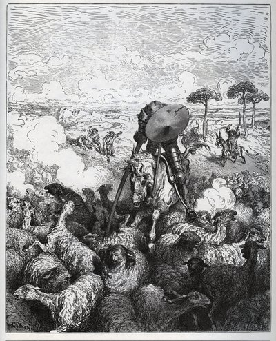 Don Quijote attackerar en fårhjord och trodde att han hade att göra med armén av Alibanfaron av Taprobana - från "Don Quixote de la Mancha" av Miguel Cervantes (1547-1616) (Don Quijote) - Träsnitt efter teckning av Gustave Dore av Gustave Dore