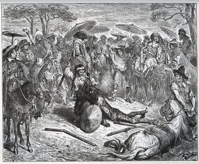 Don Quijote slagen i mitten av en grupp köpmän - Mulemakaren hade smakat på spelet - från "Don Quixote de la Mancha"" av Miguel Cervantes av Gustave Dore