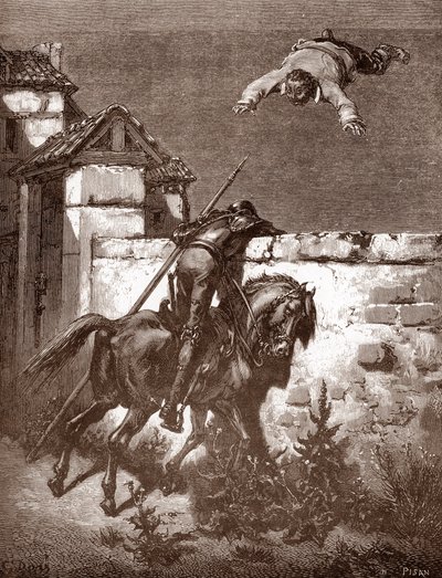 Don Quijote misslyckas med att stoppa uppskjutarna av Sancho Panca som får honom att studsa på en filt (Don Quijotes remonstrationer misslyckas med att påverka kastarna) Gravyr av Gustave Dore (1832-1883) för "L