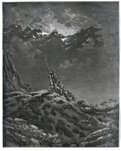Don Quijote åker på uppdrag för Dorothee, ackompanjerad av Sancho Panza, frisör, Dorothee, kur och Cardenio - från "Don Quixote de la Mancha" av Miguel Cervantes (1547-1616) (Don Quijote) - Träsnitt efter teckning av Gustave Dore av Gustave Dore
