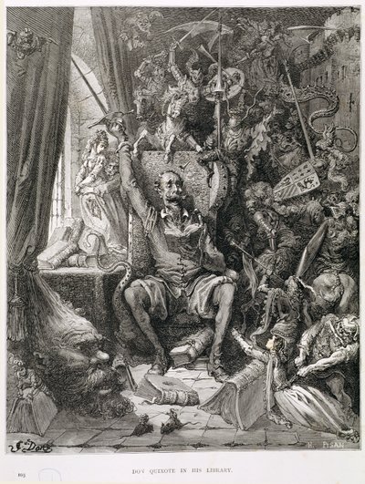 Don Quijote i sitt bibliotek, graverad av Heliodore Joseph Pisan (1822-90) ca 1868 av Gustave Dore