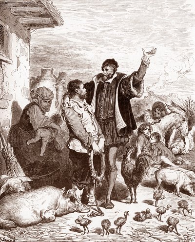 Don Quijote övertalar sin granne Sancho Panza att bli hans godsherre genom att lova att göra honom till guvernör på någon erövrad ö. Gravyr av Gustave Dore (1832-1883) för "L