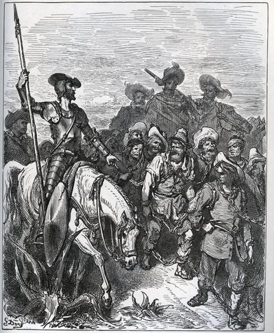 Don Quijote ifrågasätter krafterna om orsakerna till deras övertygelser - från "Don Quijote de la Mancha" av Miguel Cervantes (1547-1616) (Don Quijote) - Träsnitt efter teckning av Gustave Dore av Gustave Dore