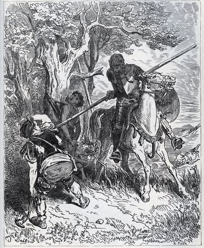 Don Quijote tar parti för den unga betjänten - "Vid solen som enlimar oss, jag vet inte vem som hindrar mig från att föra mitt blad genom kroppen" - från "" Don Quixote de la Mancha"" av Miguel Cervantes (1547- 1616) (Don Quijote) - Träsnitt efter teckning av Gustave Dore