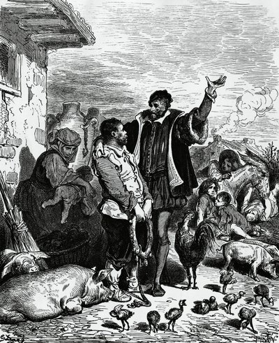Don Quijote tar Sancho Panza från sitt hem och utser honom till guvernör, illustration av Gustave Dore
