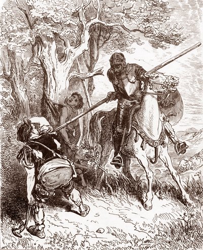 Don Quijote hotar bonden som fraktade herdepojken Gravyr av Gustave Dore (1832-1883) för "L