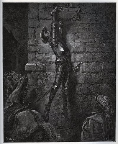 Don Quijote fången av gästgivarens dotter och Maritornes, förblir upphängd från ett fönster. - från "Don Quixote de la Mancha" av Miguel Cervantes (1547-1616) (Don Quijote) - Träsnitt efter teckning av Gustave Dore av Gustave Dore