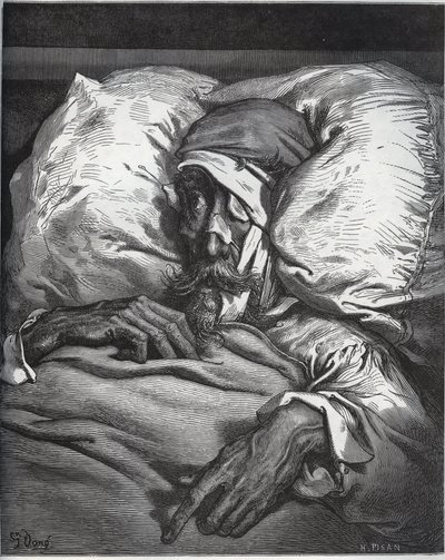 Don Quijote sårad - från "Don Quixote de la Mancha" av Miguel Cervantes (1547-1616) (Don Quijote) - Träsnitt efter teckning av Gustave Dore av Gustave Dore