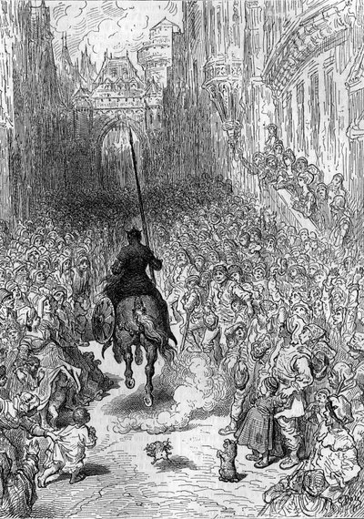 Teckning av Gustave Dore (1832-1883) till dikten "" Furious Roland"" ("Orlando furioso") (1500-talet) av Ludovico Ariosto, känd som Ariosta. Gravyr i "" Le Journal de la jeunesse"" av Gustave Dore