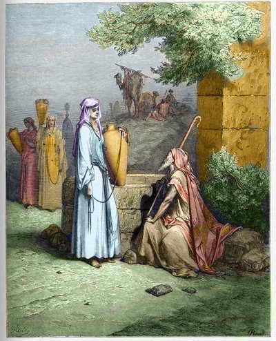 Eliezer och Rebecka - Eliezer, Abrahams tjänare, erbjuds en drink med vatten av Rebekah - Eliezer och Rebecca - gravering i "The Bible illustree" av Gustave Dore (1832-1883) - Gravyr från "" The Dore Bible"" av Gustave Dore
