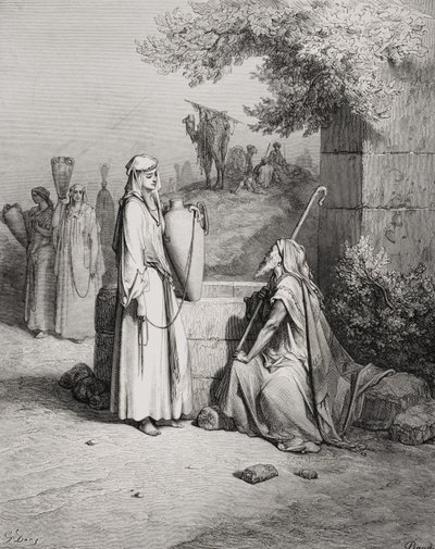 Eliezer och Rebecka, 1 Mosebok 24:15-21, illustration från Dores 