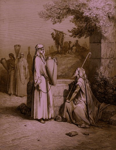 Eliezer och Rebecka / Rebecca, gravyr av Doré. - Bibeln av Gustave Dore