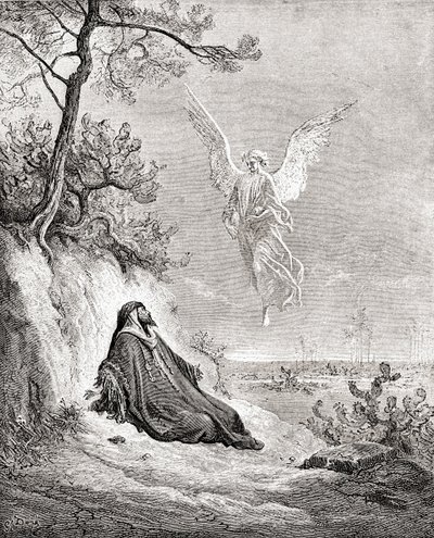 Elia närdes av en ängel. Efter ett verk ur Bibeln av Gustave Dore. Från Life and Reminiscences of Gustave Dore, publicerad 1885. av Gustave Dore
