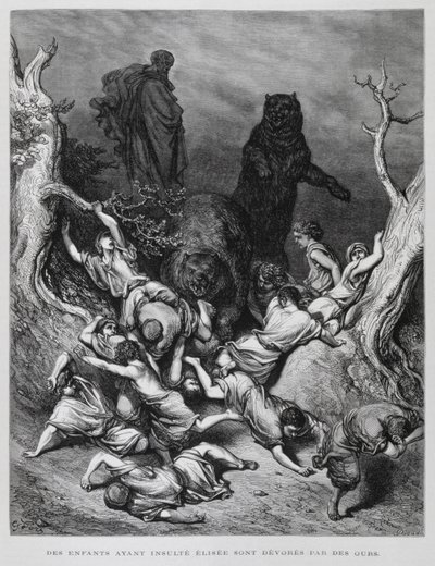 Elisha ser på när barnen förgörs av björnar, illustration från Dore-bibeln av Gustave Dore