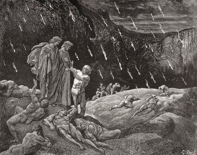 Gravyr av Gustave Dore 1832-1883 Fransk konstnär och illustratör till Inferno av Dante Alighieri Canto XV raderna 28 och 29 av Gustave Dore