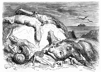 Gravyr av Gustave Dore omkring 1850: framkallande av en apokalyptisk syndaflod som kombinerar biblisk tradition (man kan på avstånd se Noes ark på havet) och början av vetenskaplig kunskap (olika monstruösa djur misslyckades på berget, pref av Gustave Dore