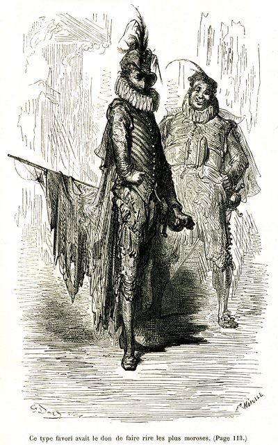Gravyr av Gustave Dore som illustrerar Theophile Gautiers roman "Kapten Fracasse". Charpentier Edition 1863. Två komiker (skådespelare inom commedia dell