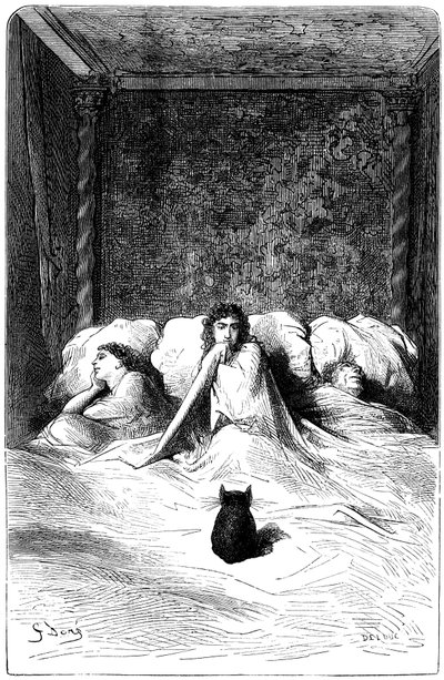 Gravyr av Gustave Dore som illustrerar Theophile Gautiers roman "Kapten Fracasse". Charpentier Edition 1863. I baron de Sigognacs residens, "Chateau de la Misere", fann en trupp komiker en fristad. Tre skådespelerskor somnade i en l av Gustave Dore