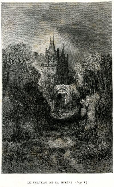Gravyr av Gustave Dore på framsidan av romanen av Theophile Gautier "Kapten Fracasse". Charpentier Edition 1863. Chateau de la Misere, hem för Baron de Sigognac. av Gustave Dore