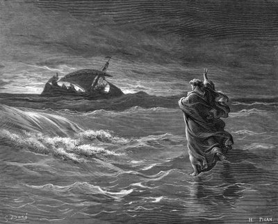 Gravyr av Jesus som går på vattnet av Gustave Dore