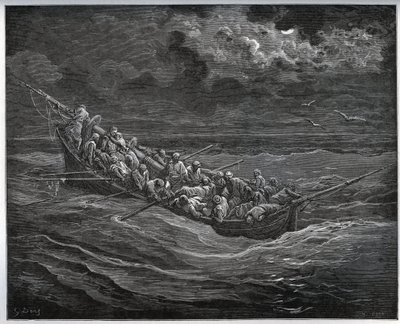Escape of Zoraide med fången i båten full av flykter från Alger till Spanien - från "Don Quixote de la Mancha"" av Miguel Cervantes (1547-1616) (Don Quijote) - Träsnitt efter teckning av Gustave Dore av Gustave Dore