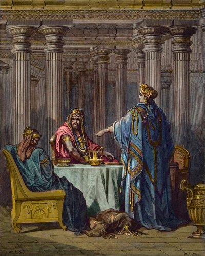 Esther anklagar Haman (Aman) - bibliska scener, Esther och Aman, trästick av Gustave Dore - senare färgläggning av Gustave Dore