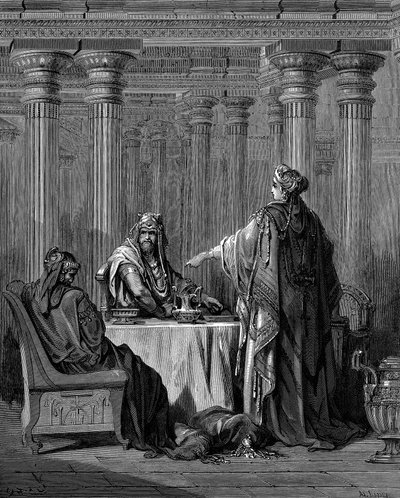 Ester c450 f.Kr. före sin man, kung Ahasveros Xerxes I av Persien, 1866 av Gustave Dore