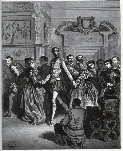 Kväll anordnad efter Don Antonio. Don Quijote upptäcker utan att uppskatta dansens nöjen - från "Don Quixote de la Mancha" av Miguel Cervantes av Gustave Dore
