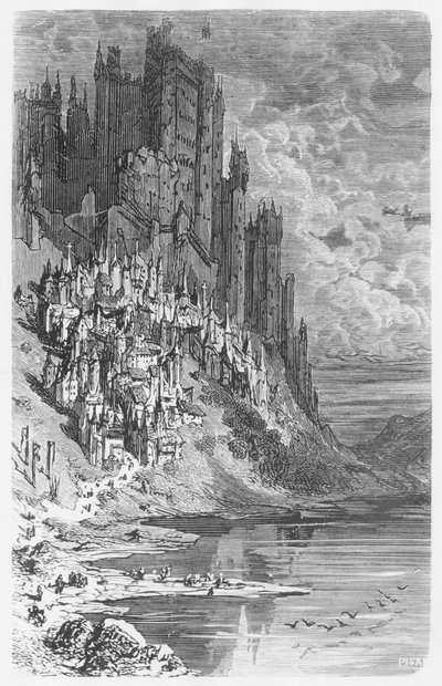 Fantasilandskap med stad och slott, illustration från 