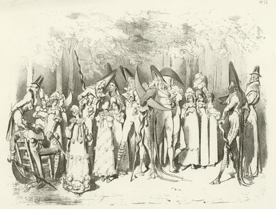 Mode under The Directory 1798. The Incroyables (gravyr) av Gustave Dore