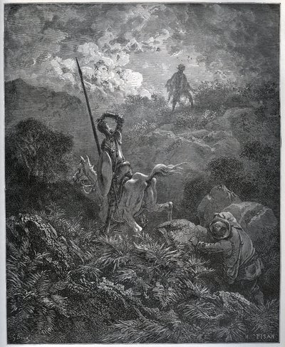Första uppenbarelsen av Deguenille-de-la-Malaise-gruvan - från "" Don Quixote de la Mancha"" av Miguel Cervantes (1547-1616) (Don Quijote) - Träsnitt efter teckning av Gustave Dore av Gustave Dore