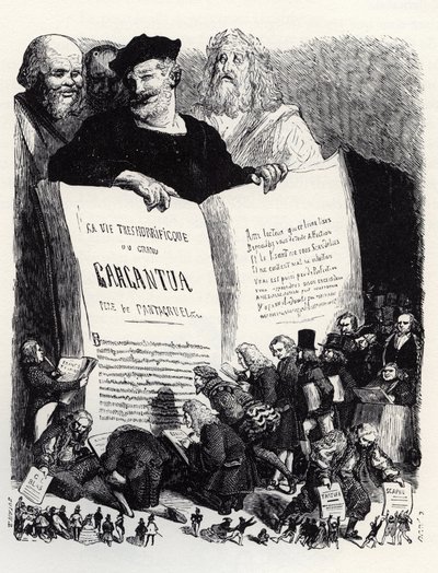 Frontispice av upplagan av 1854 - I sällskap med antika och moderna författare presenterar Rabelais sin andra roman - illustration från "Gargantua och Pantagruel", av Francois Rabelais - gravyr av Gustave Dore (1832-1883) av Gustave Dore