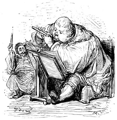 Gargantua utbildning: den unge herren lär sig spela flöjt med sin musiklärare. Gravyr av Gustave Dore som illustrerar Rabelais verk. av Gustave Dore
