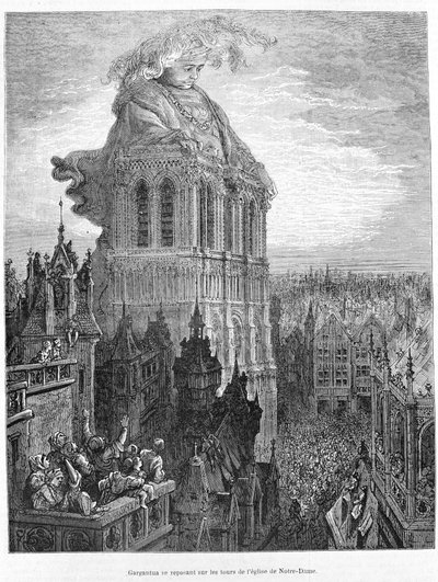 Gargantua vilar på tornen i Our Lady Church. Gravyr efter verket Gargantua av François Rabelais (1483 - 1553) av Gustave Dore