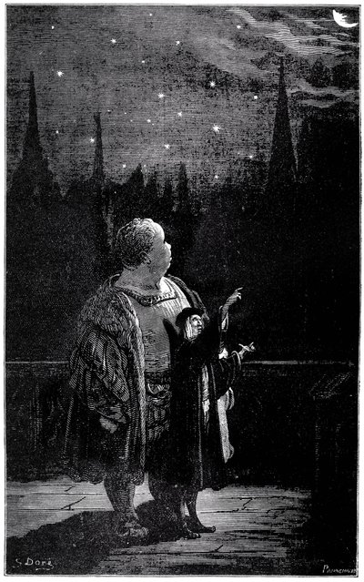 Gargantuas utbildning: på natten, tillsammans med en astronom, observerar den unge jätten stjärnor, stjärnor och kometer på natthimlen. Gravyr av Gustave Dore som illustrerar Rabelais verk. av Gustave Dore
