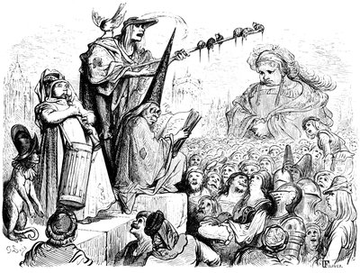 Gargantuas utbildning: "Han skulle lyssna till offentliga lektioner, högtidliga handlingar, upprepningar, deklamationer, goda advokaters pläderingar, evangelistpredikanters tal ...". Gravyr av Gustave Dore som illustrerar Rabelais verk. av Gustave Dore