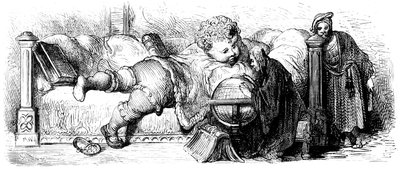 Gargantuas utbildning: jätten, ett barn, ligger på sin säng och studerar en jordglob med sina lärare. Illustration av Gustave Dore till Francois Rabelais verk. av Gustave Dore