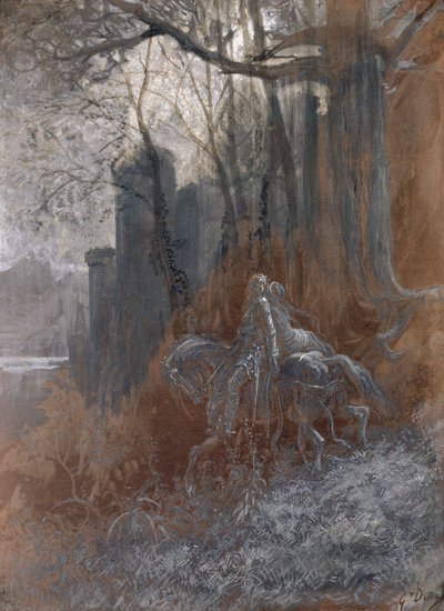 Geraint och Enid Ride Away, 1868 (gouache och wc på papper) av Gustave Dore
