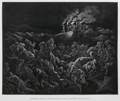 Gideon anfaller midjaniterna på natten, illustration från Dore-bibeln av Gustave Dore
